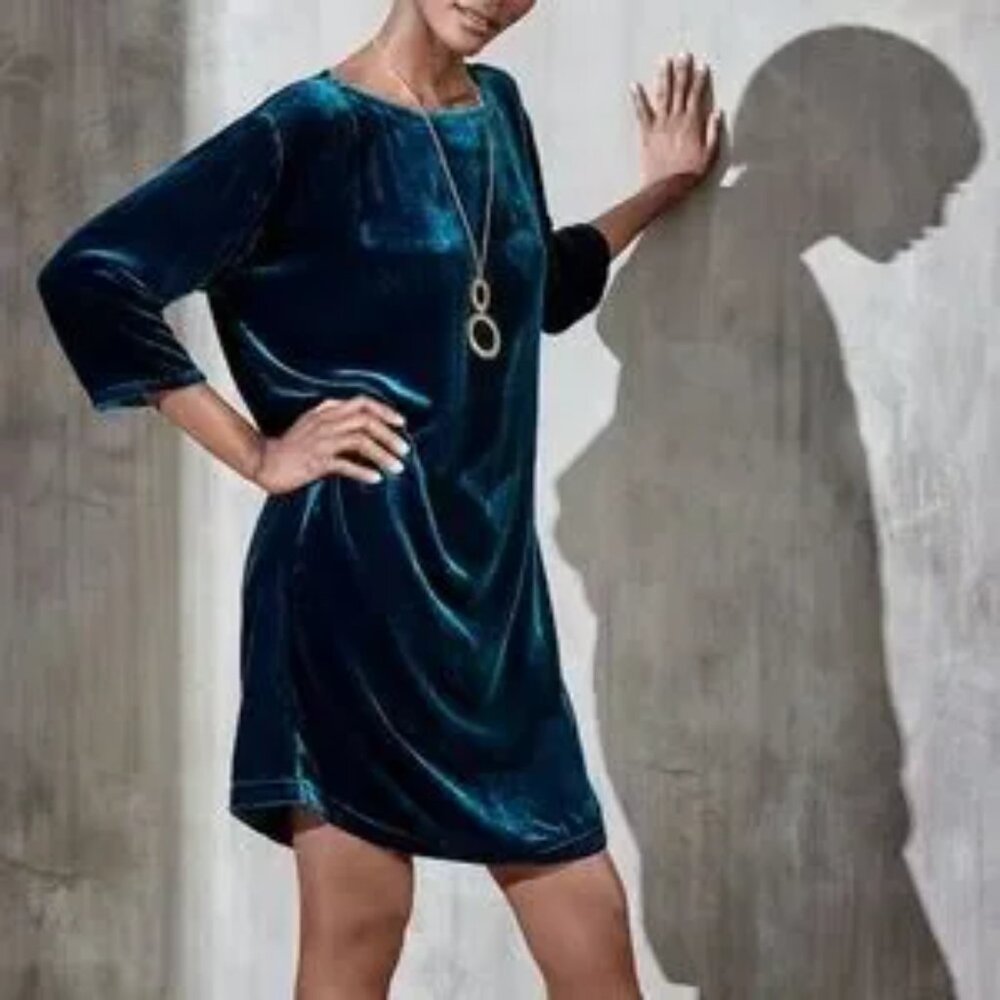 Eileen Fisher Teal Bateau Neck Short Velvet Shift Dress Size Petite Medium